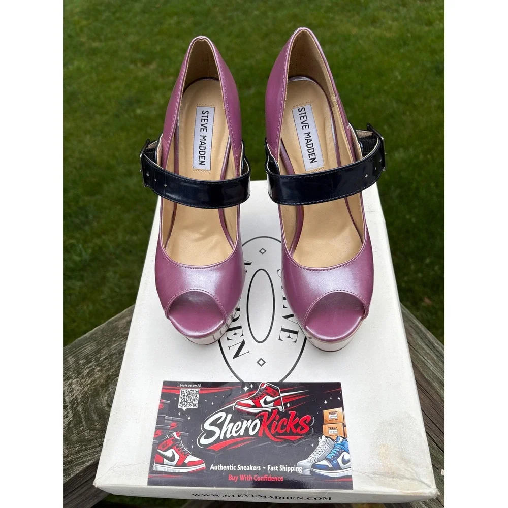 Steve Madden Saassi Lavender Metallic Peep Toe Platform Mary Jane Heels Navy 7